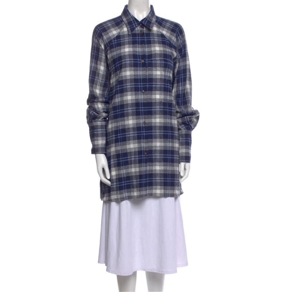 G Label By Goop Women's Shirt Sz 2 Blue Plaid Flannel Cotton Button Down Cuffs